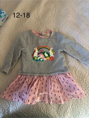 Mini Boden Grey Sweatshirt Dress with Pink Floral Skirt & Rainbow Bunny